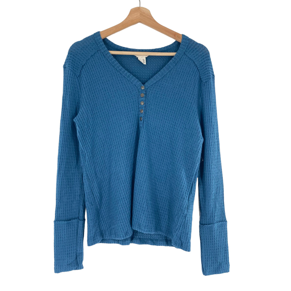 Caslon Waffle Henley V-Neck T-Shirt Ocean Blue Long Sleeve